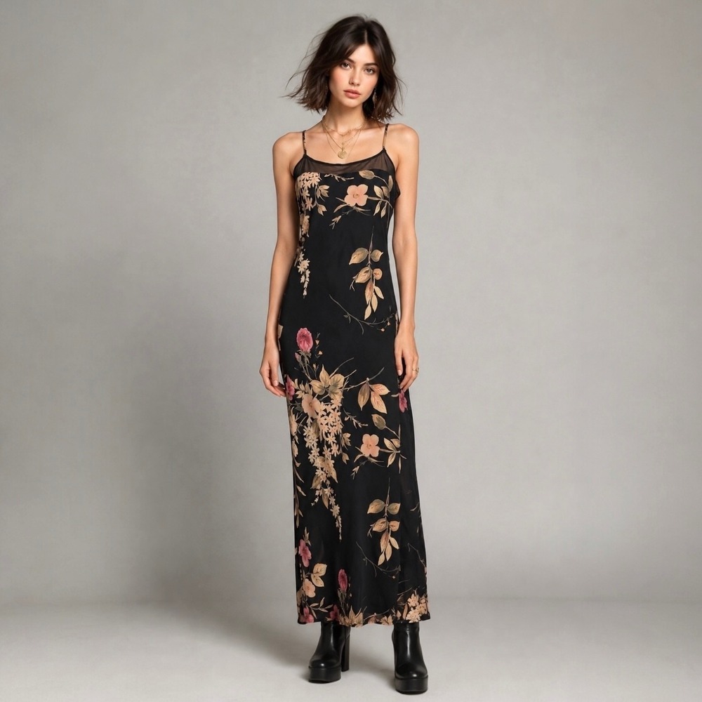 Vintage 90s Y2K Black Floral Slip Dress 11/12 Whimsigoth Maxi All That Jazz